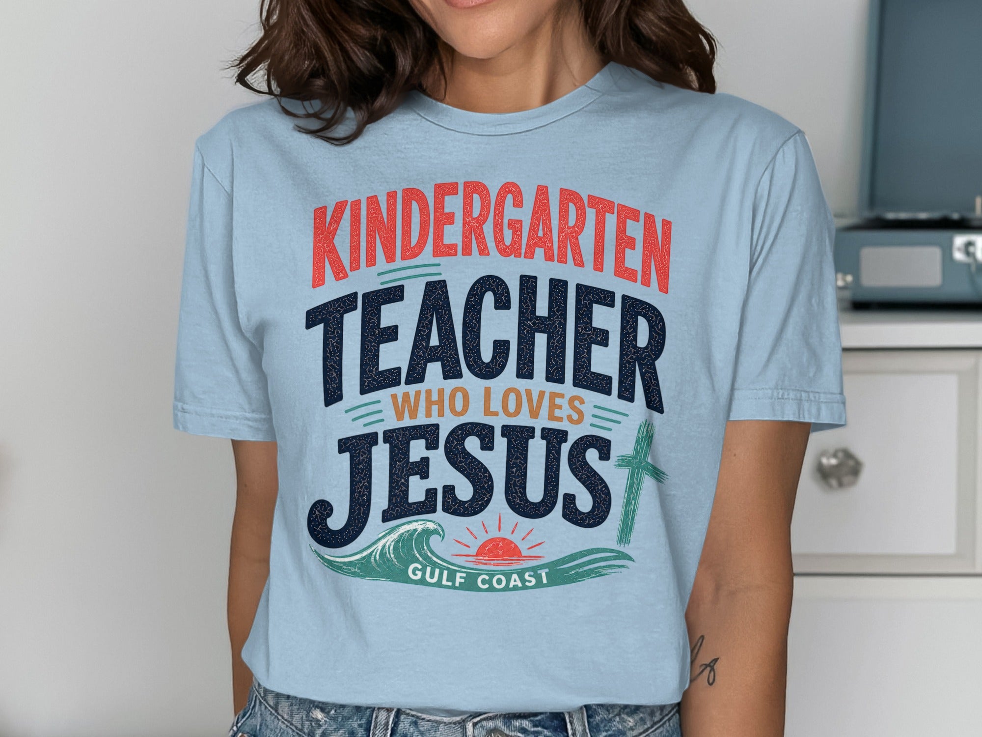 Kindergarten Teacher Who Loves Jesus Gulf Coast t-shirt.