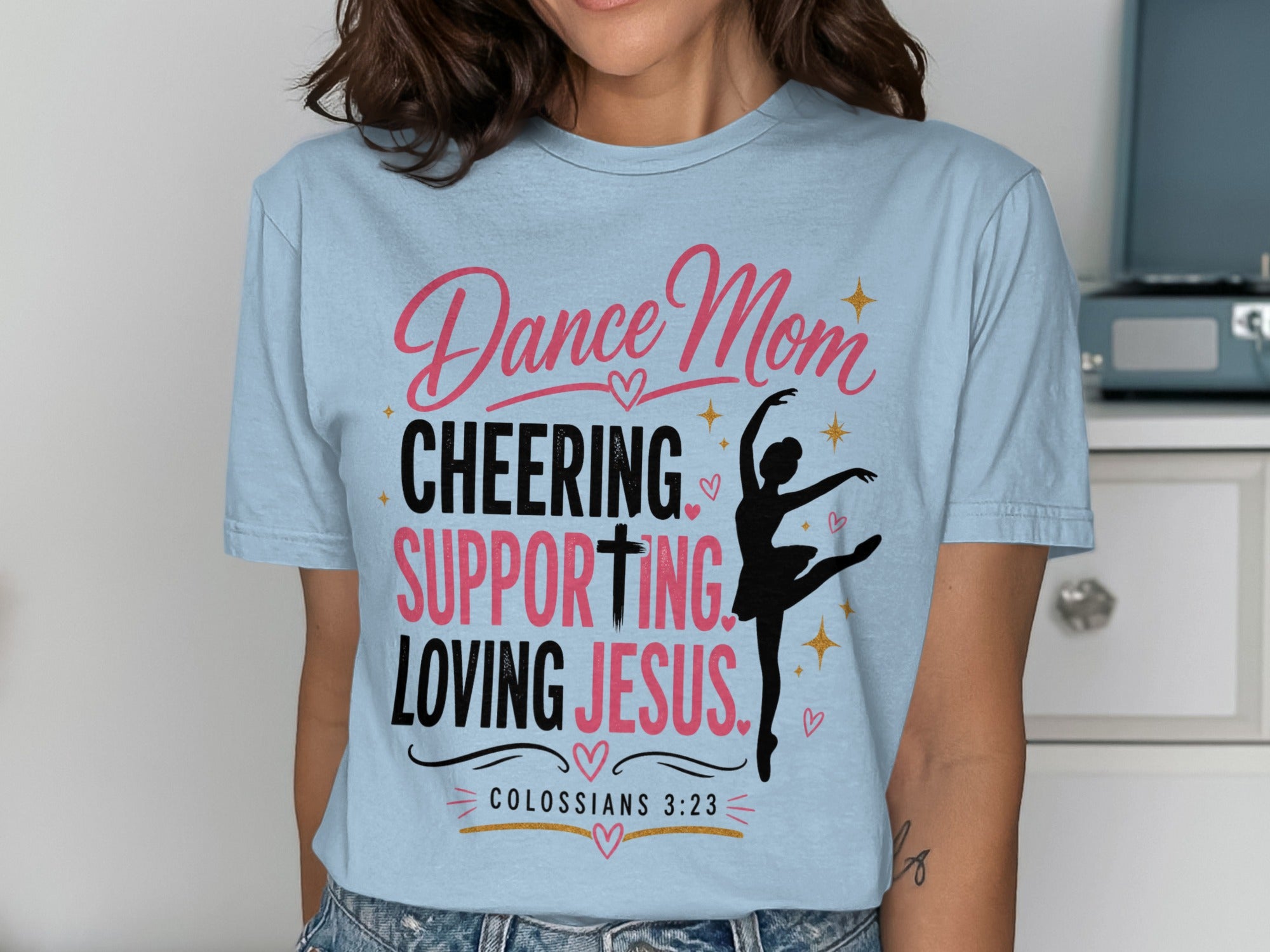 Light blue t-shirt with "Dance Mom Cheering Supporting Loving Jesus" and Bible verse.