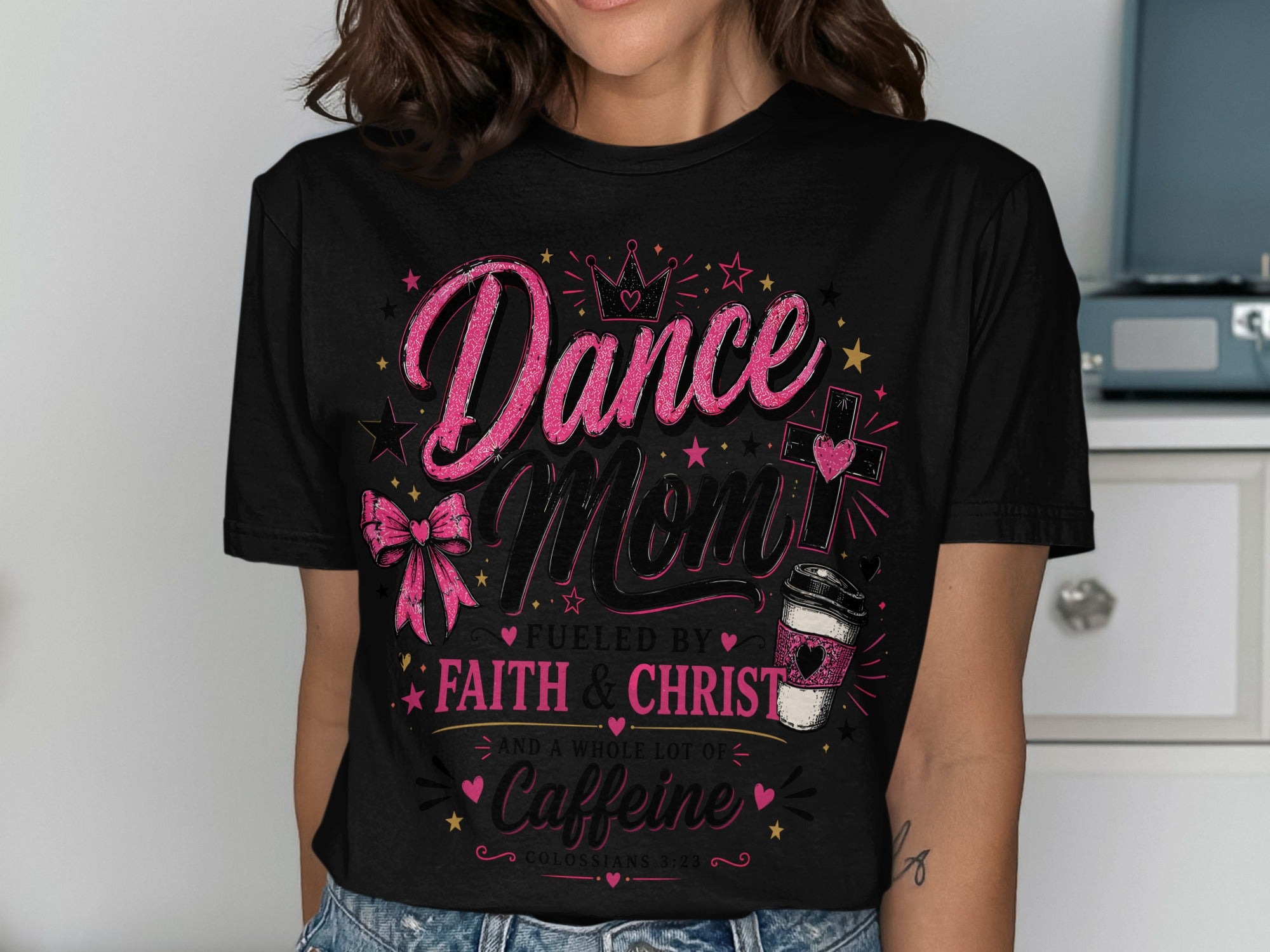 Black t-shirt with "Dance Mom" text, crosses, and coffee cup design.