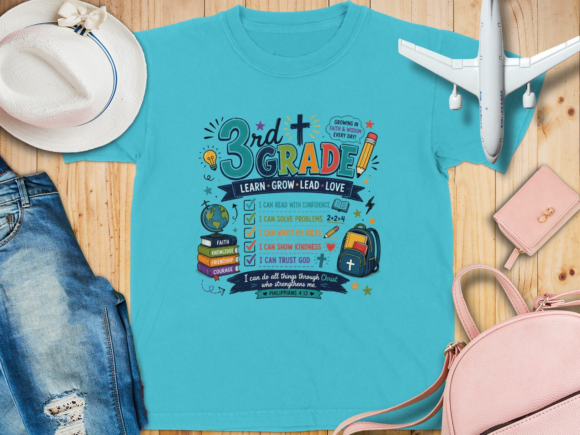 "3rd Grade" shirt with encouraging phrases and Bible verse Phil 4:13.