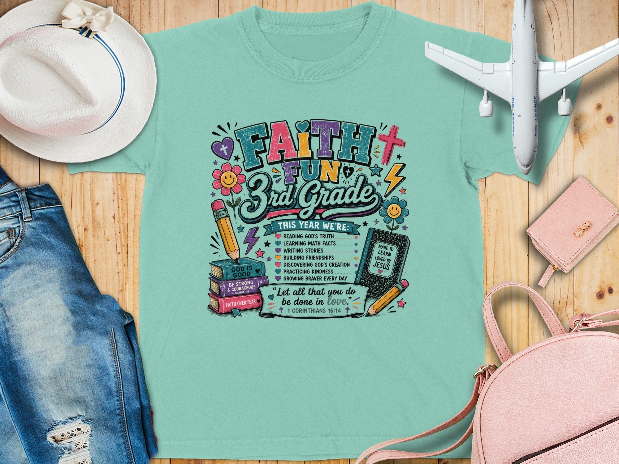 Faith Fun 3rd Grade t-shirt with inspirational Bible verses and messages.