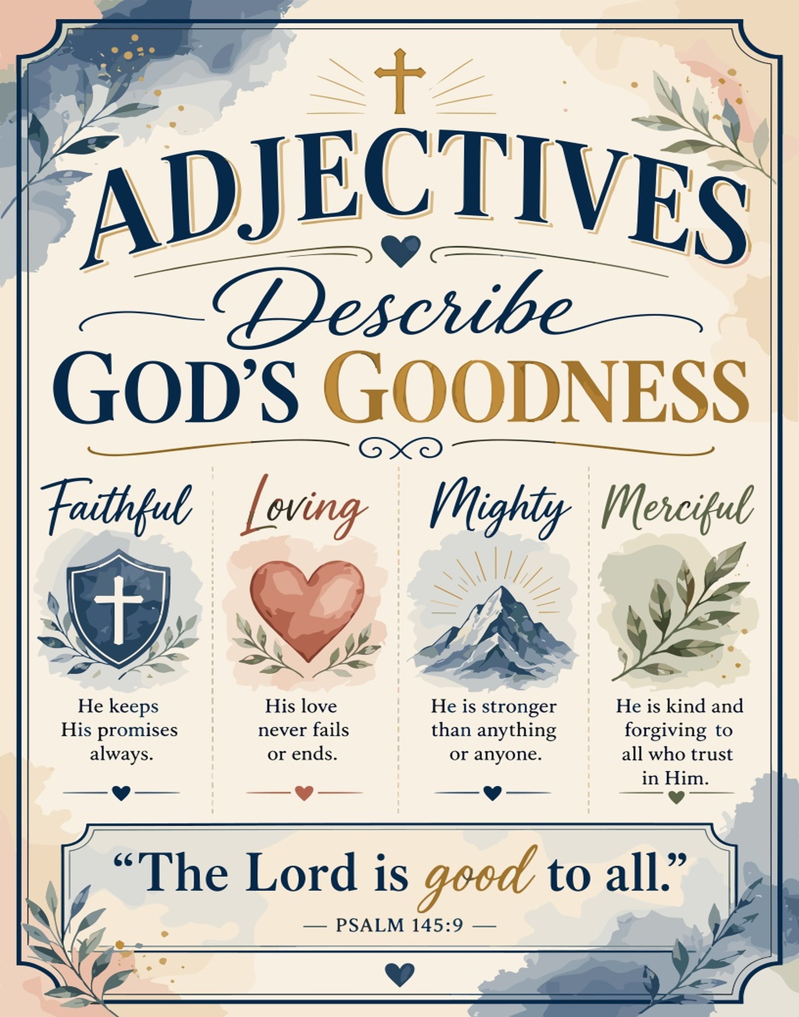 Adjectives describing God's goodness: Faithful, Loving, Mighty, Merciful with scripture.