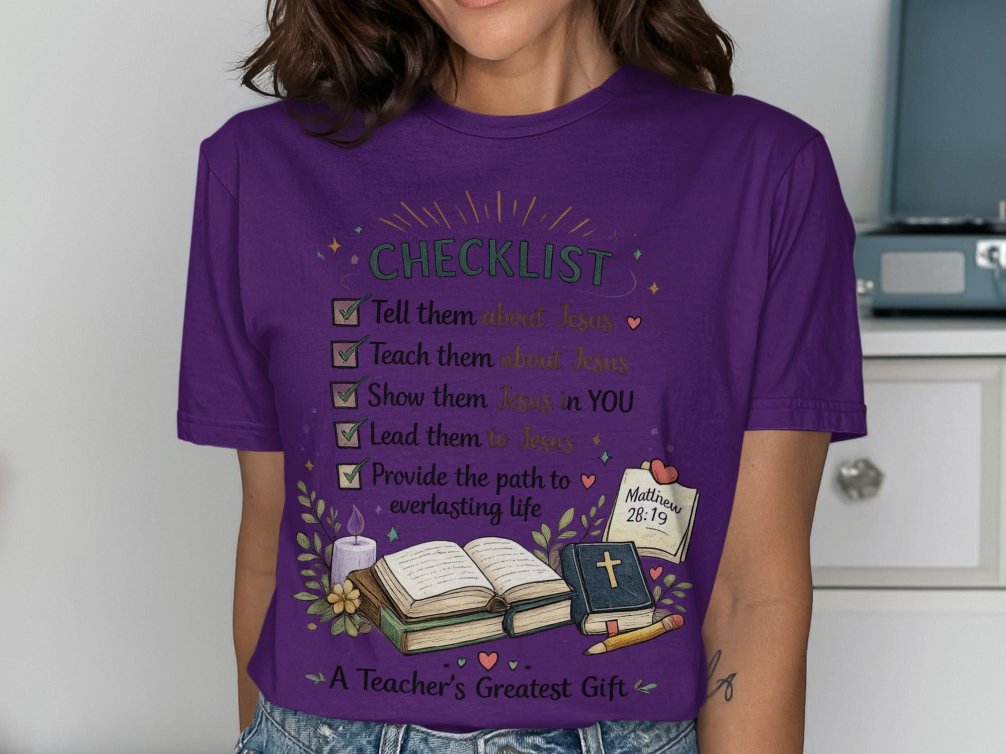 Purple t-shirt checklist: Tell, teach, show, lead about Jesus; provide path to everlasting life.
