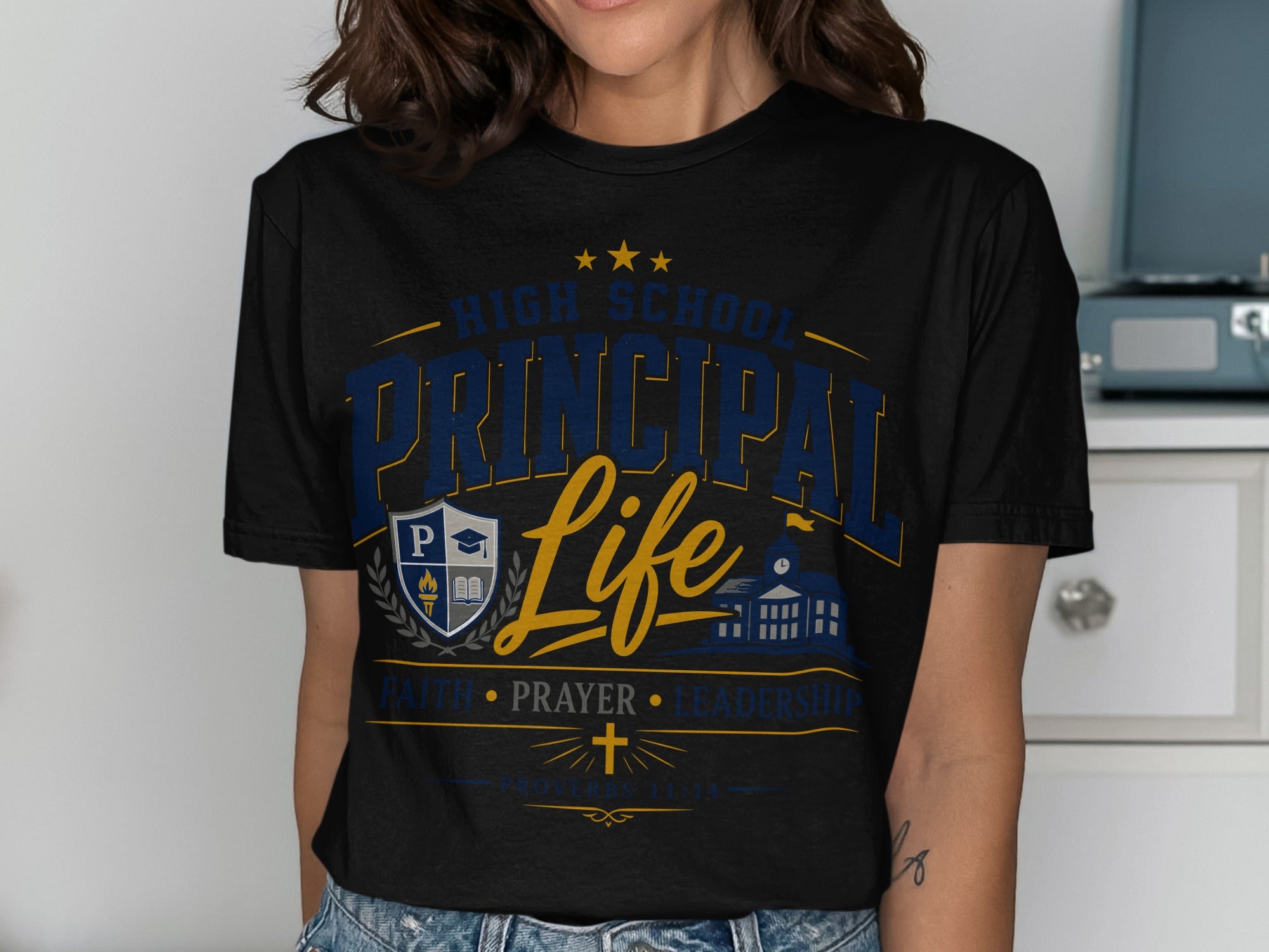 Black t-shirt with "High School Principal Life" in bold lettering and school emblem.