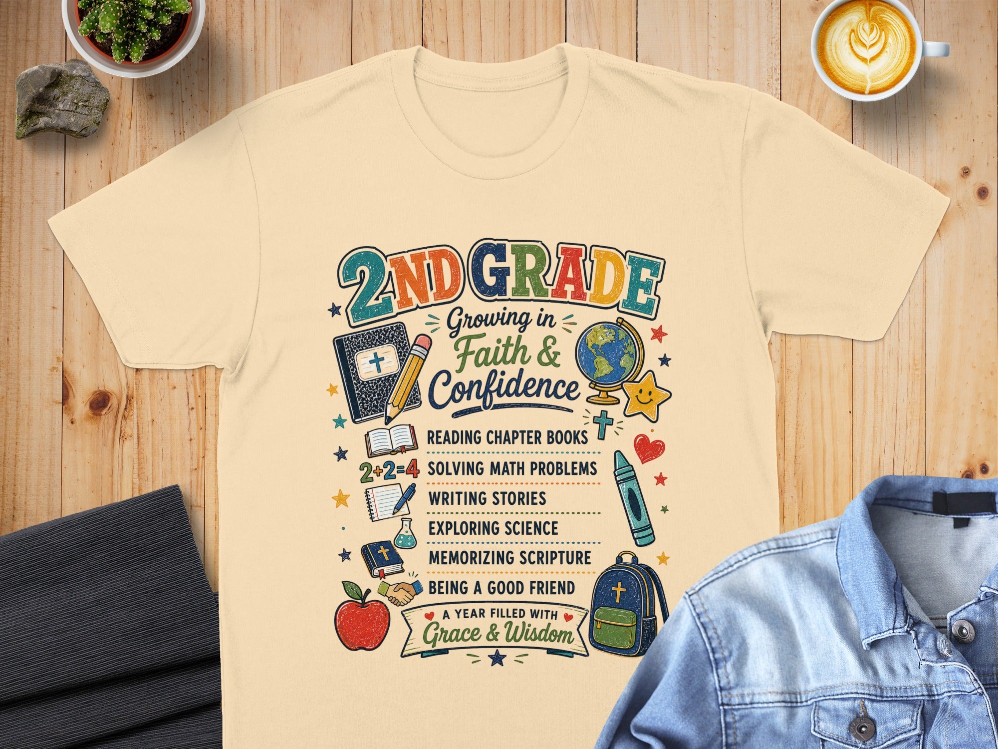 2nd Grade t-shirt with Faith & Confidence, school subjects, and Grace & Wisdom.
