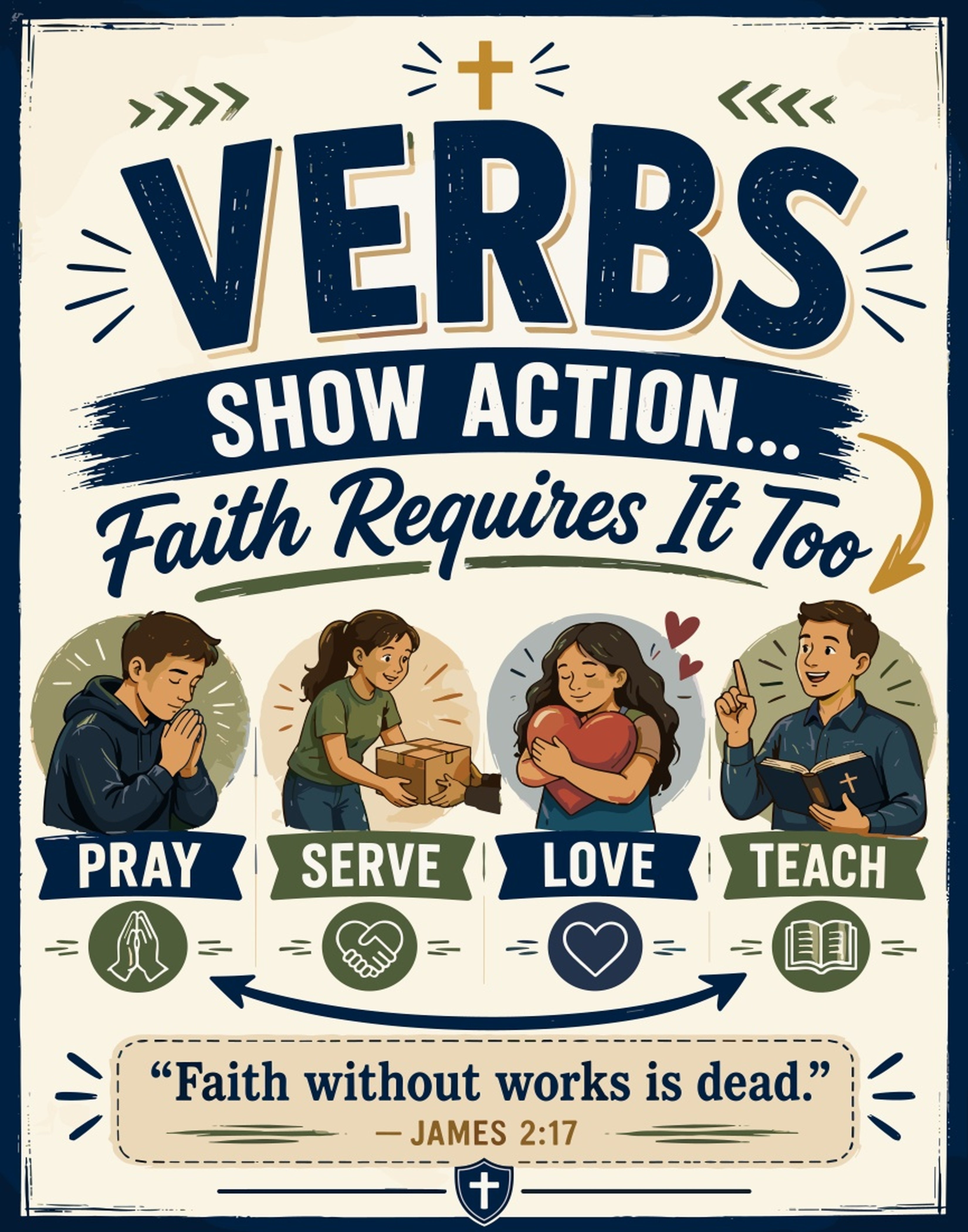 Poster with verbs pray, serve, love, teach, and biblical quote.