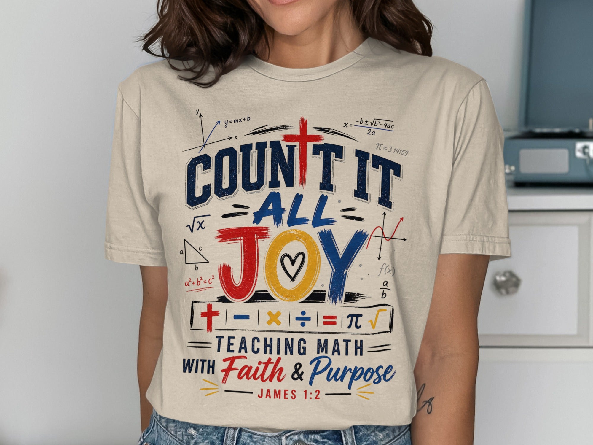 T-shirt with "Count It All Joy" and math symbols.