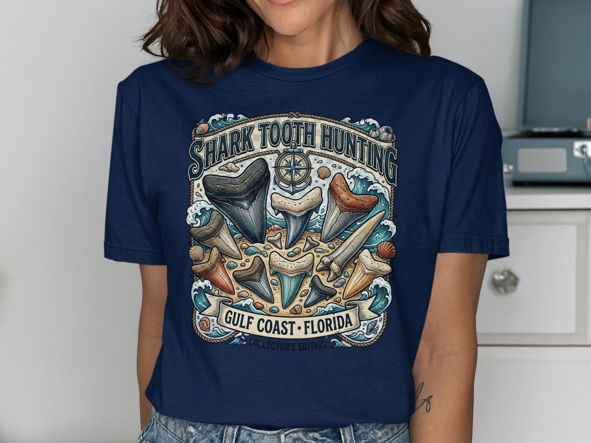 Shark tooth hunting Gulf Coast Florida collector's edition graphic on navy t-shirt.