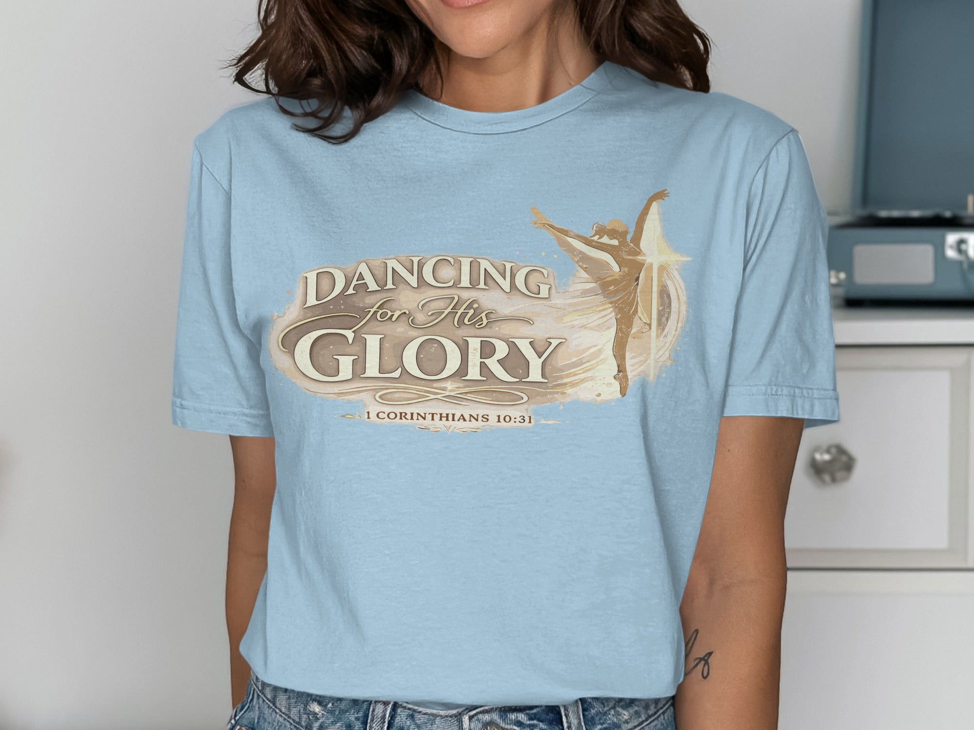 Light blue t-shirt with "Dancing For His Glory" and bible verse.