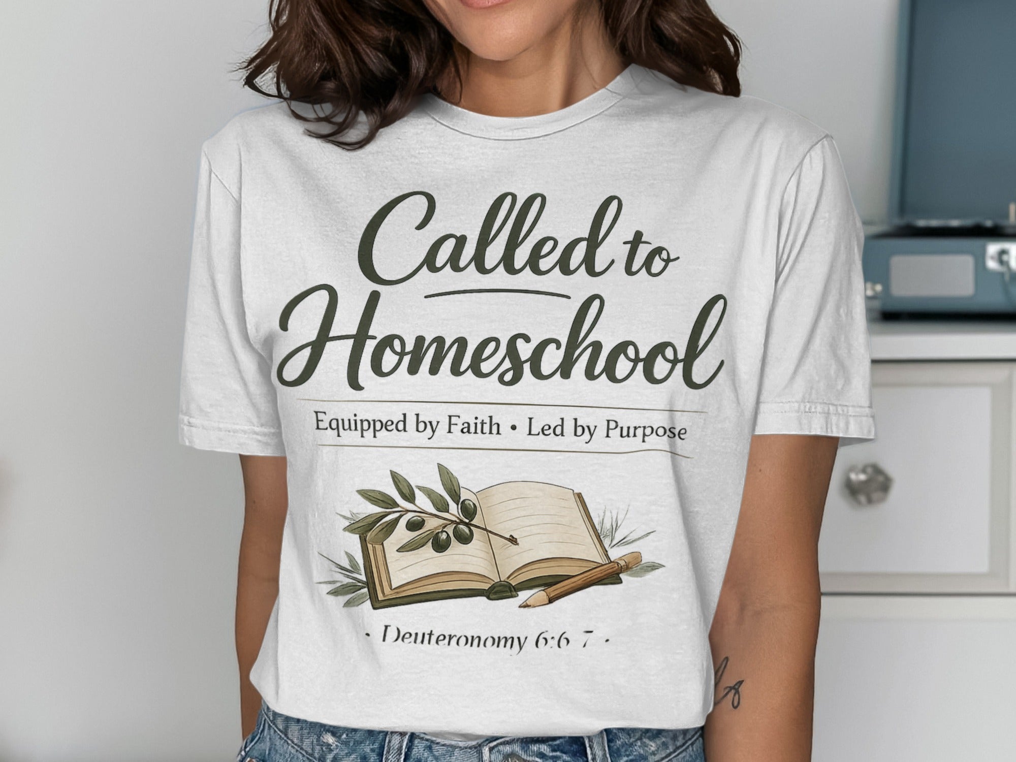 White t-shirt with "Called to Homeschool" and Bible verse.