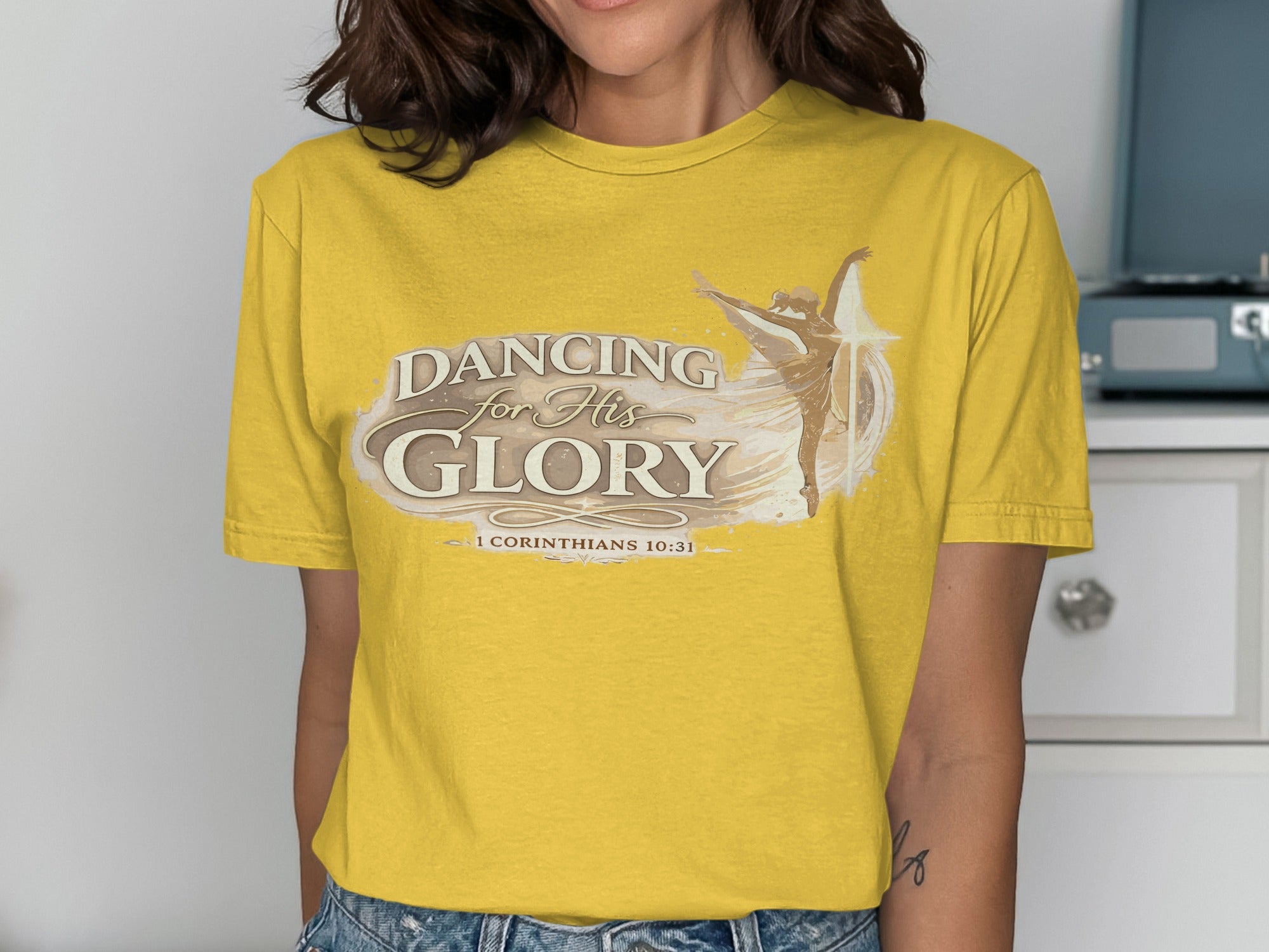 Yellow t-shirt with "Dancing for His Glory" and a dancer graphic.