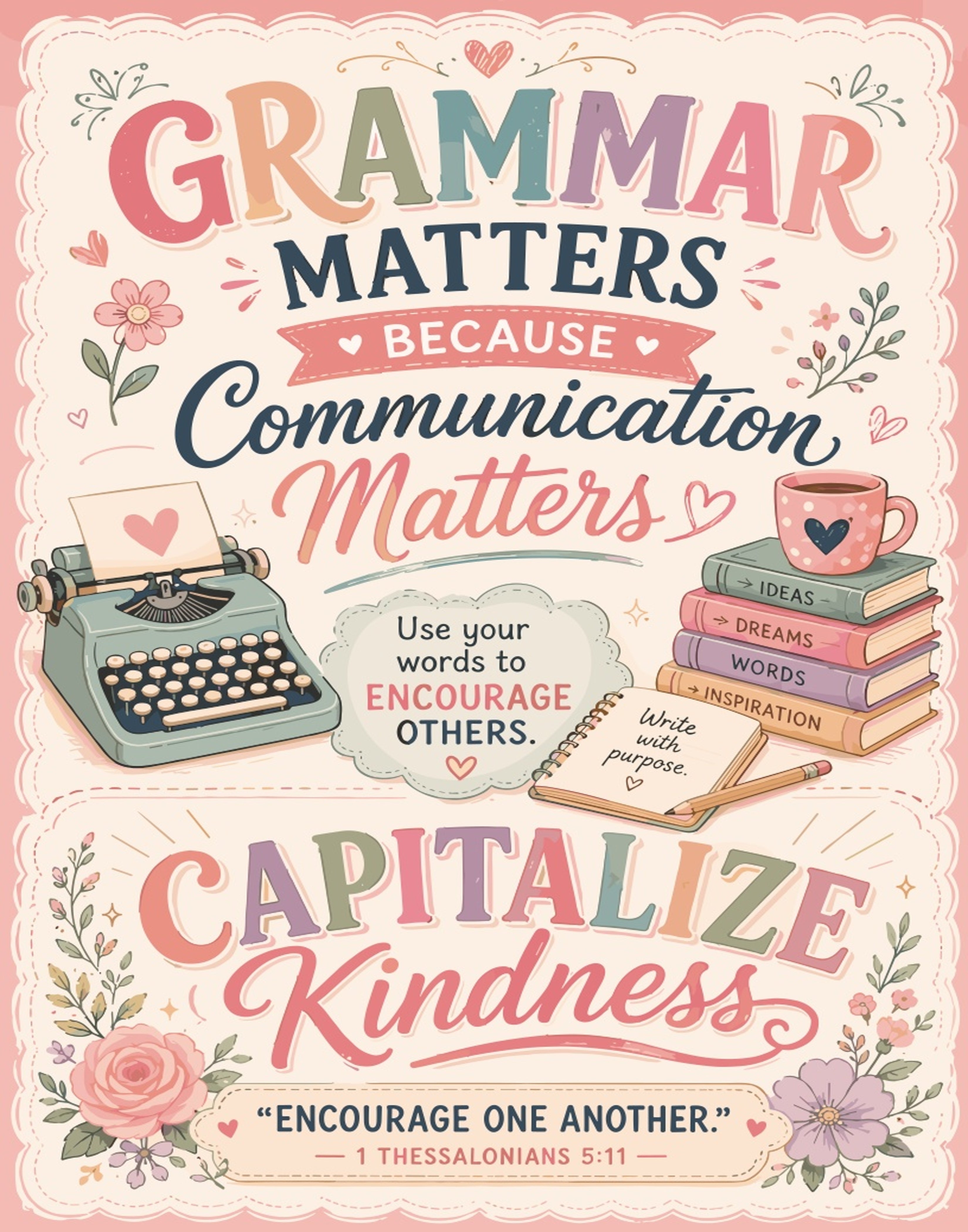 Grammar Matters, Communication Matters, Capitalize Kindness, and Bible verse.
