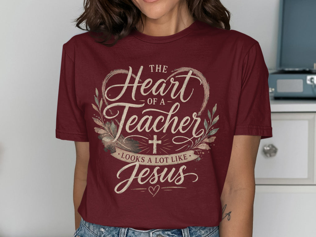 Maroon t-shirt with "The heart of a teacher looks a lot like Jesus" text and floral accents.
