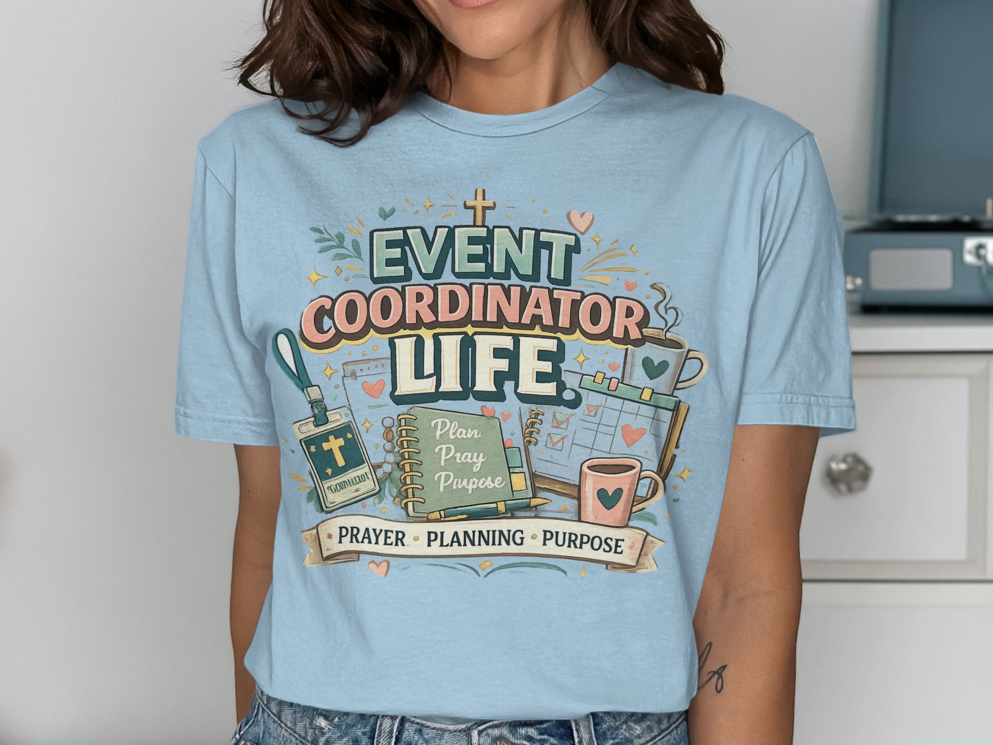 Event Coordinator Life graphic with planner, calendar, coffee cup, and lanyard.