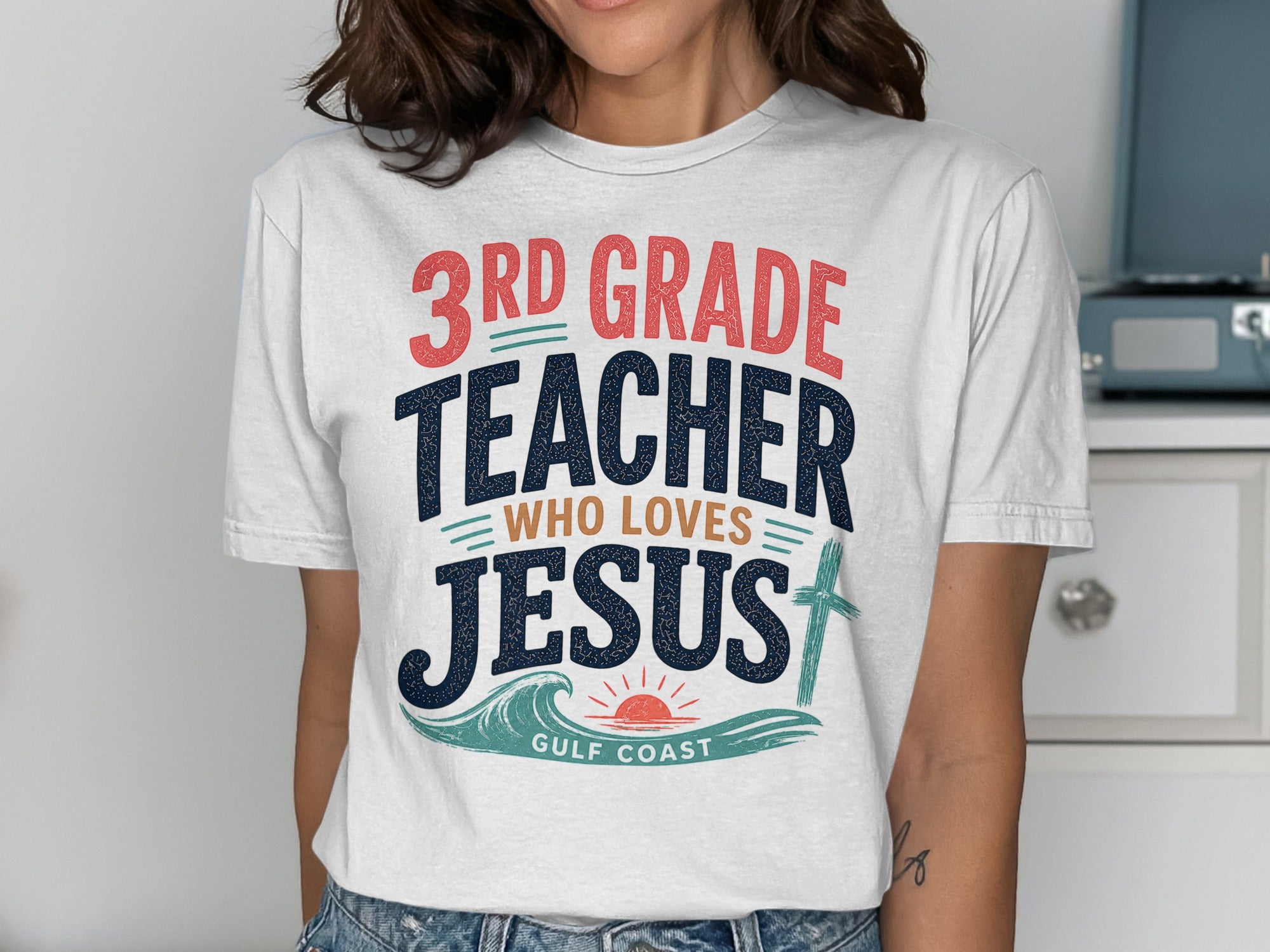 White t-shirt with "3rd Grade Teacher Who Loves Jesus" and "Gulf Coast" text.