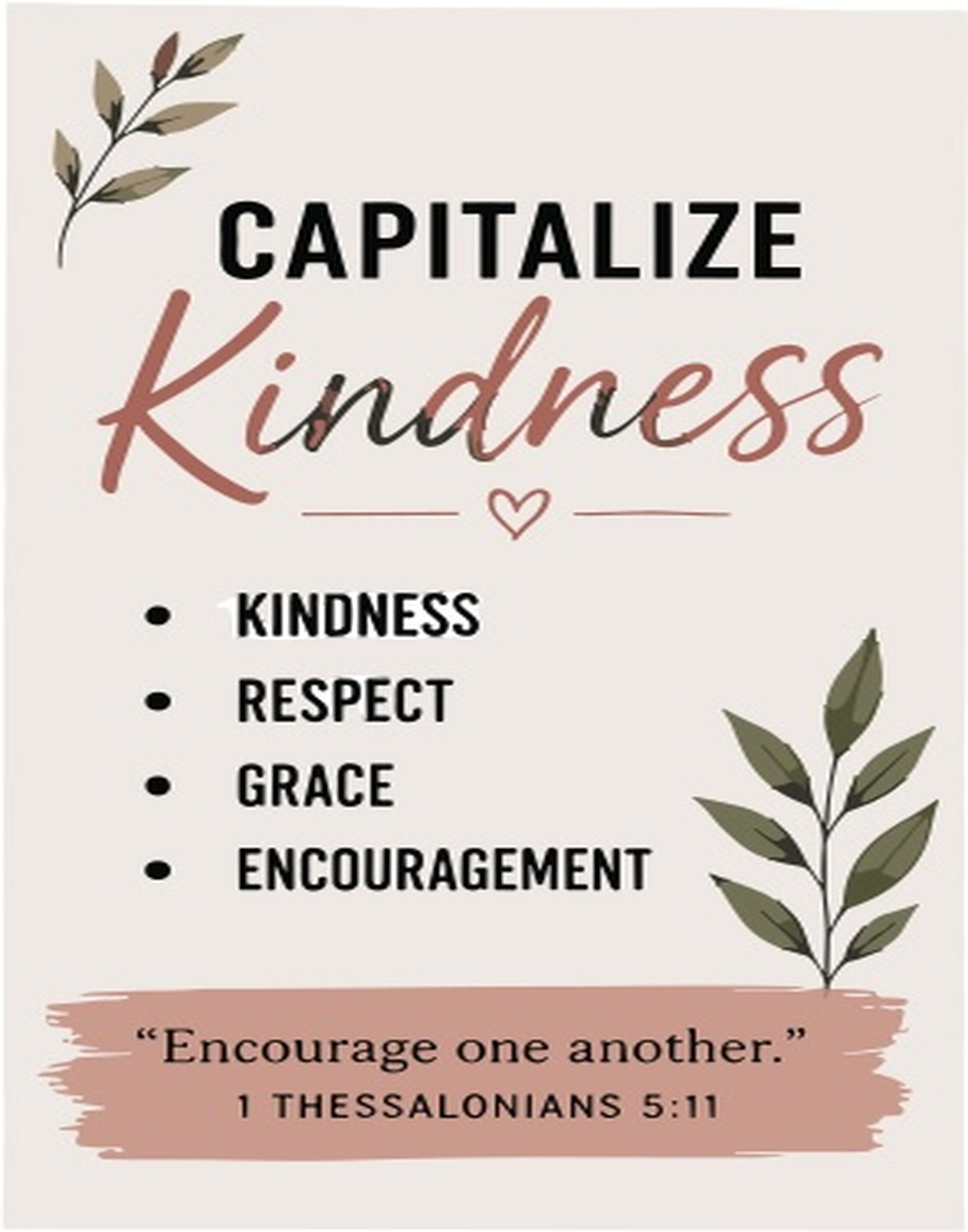 "Capitalize Kindness" with bullet points of kindness, respect, grace, encouragement, and a Bible verse.