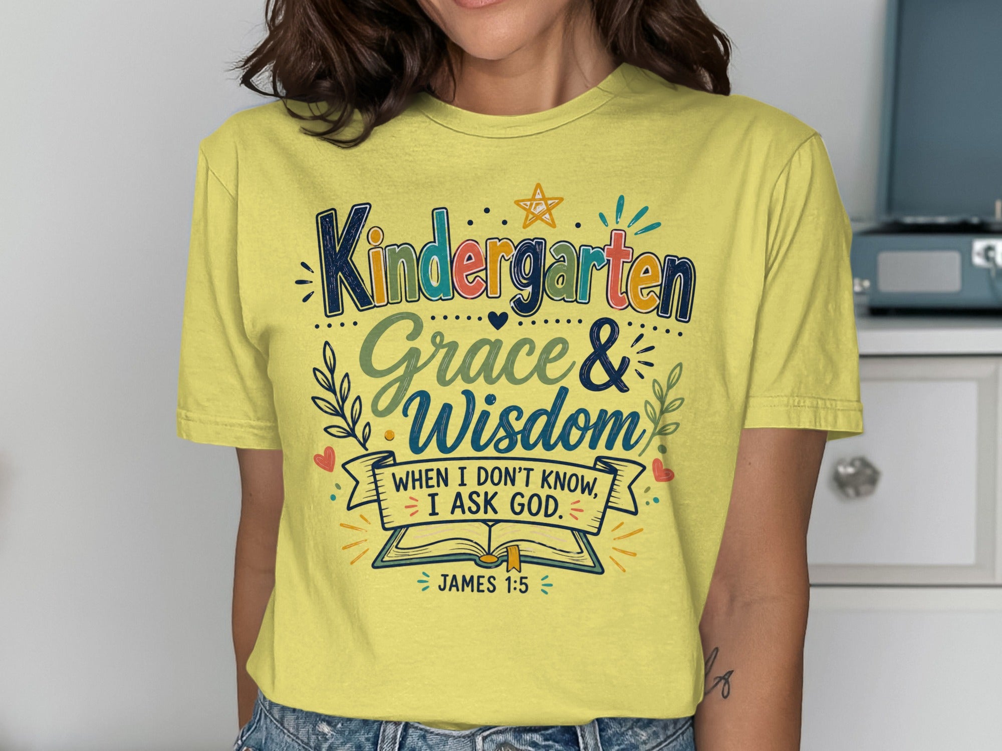 Yellow t-shirt with "Kindergarten Grace & Wisdom" and Bible verse James 1:5.