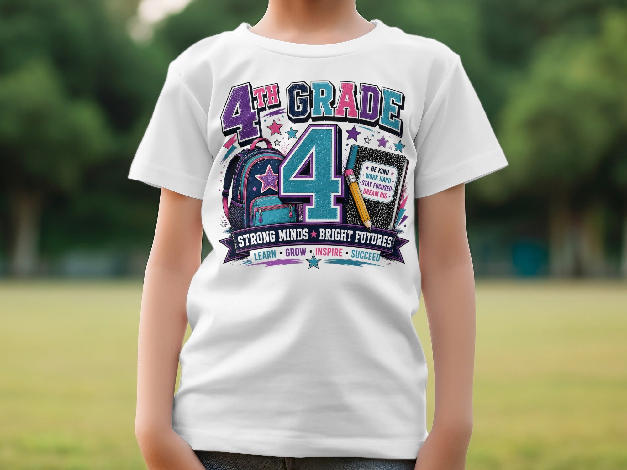 "4th Grade" t-shirt with backpack, books, pencil, and motivational text.