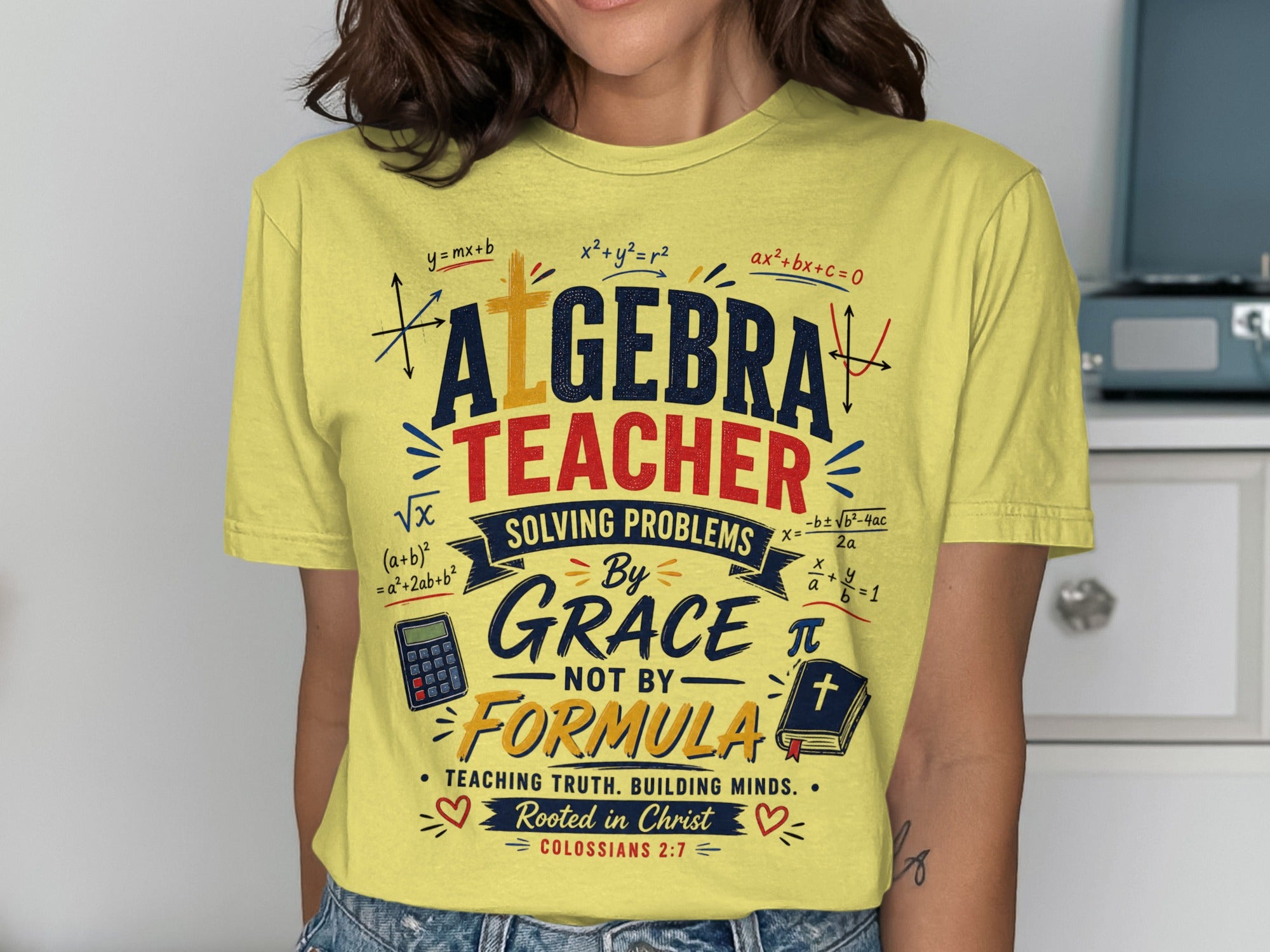 Algebra teacher shirt with math equations, calculator, and Bible.