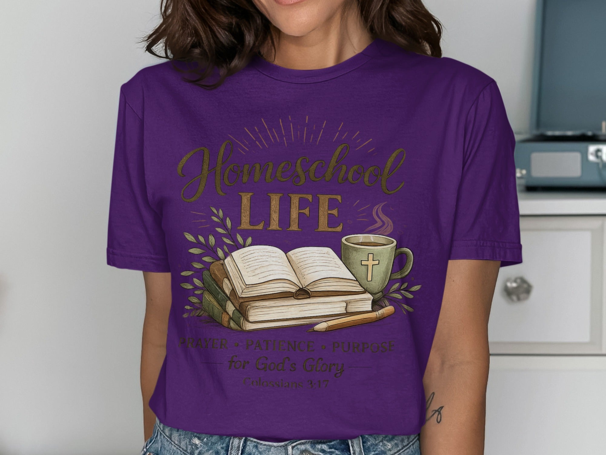 Purple t-shirt with "Homeschool Life" and Bible verse "Prayer, Patience, Purpose for God's Glory Colossians 3:17".