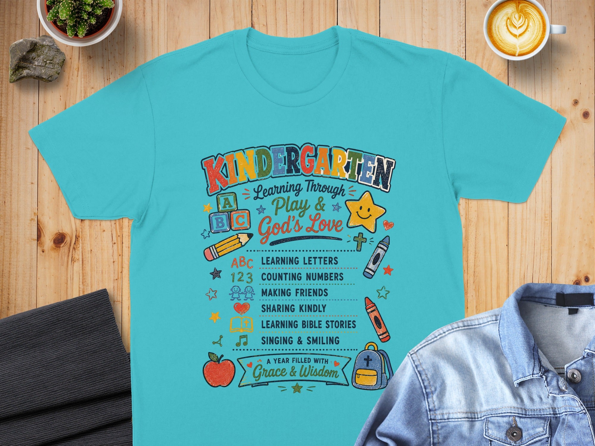 Kindergarten shirt listing activities like learning letters, numbers, and Bible stories.
