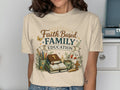 T-shirt with "Faith Based Family Education" text and stack of books.