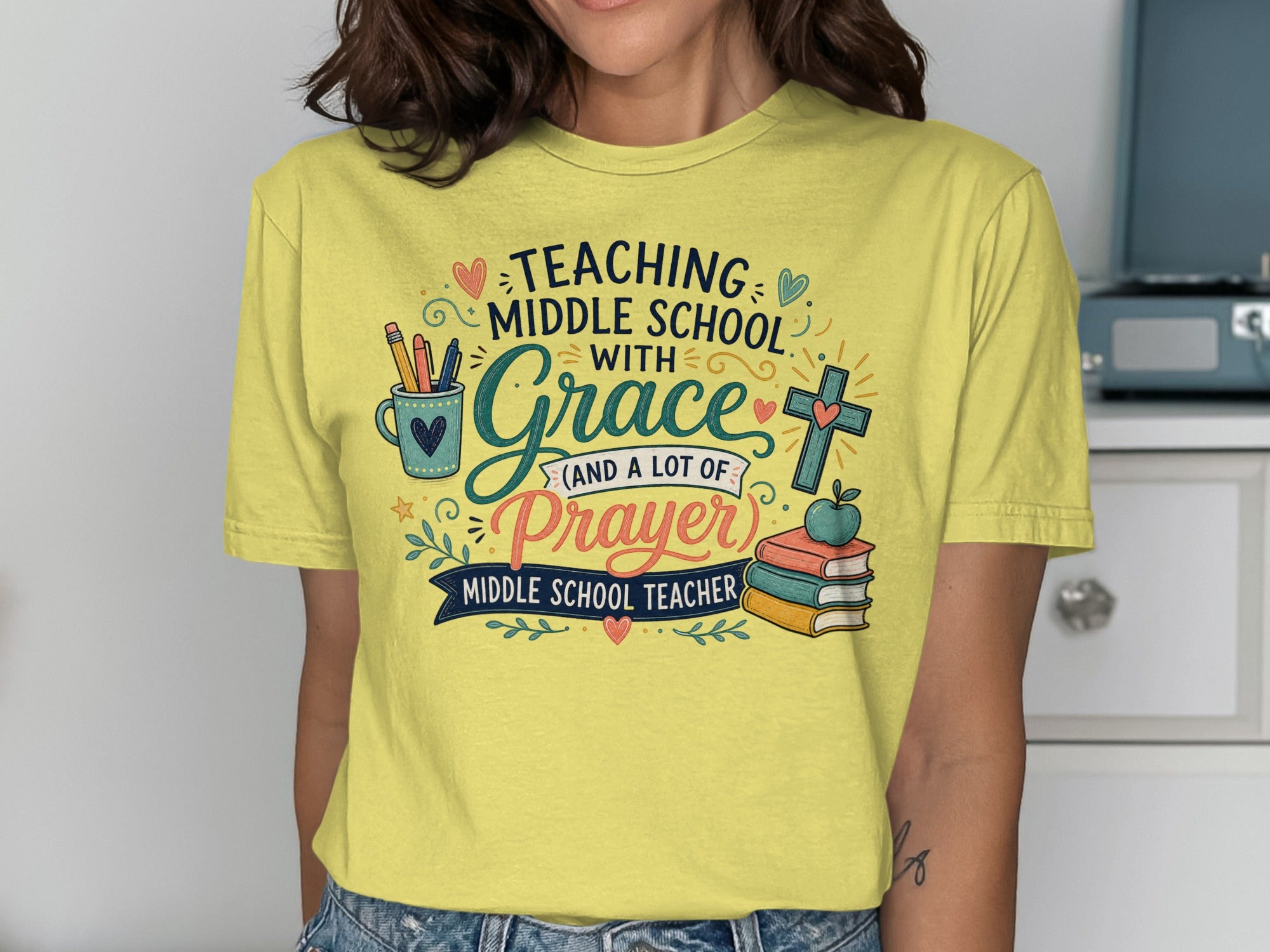 Yellow t-shirt with "Teaching Middle School with Grace and a Lot of Prayer" text.