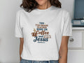 T-shirt with "7th Grade Teacher Runs on Coffee and Jesus" text.