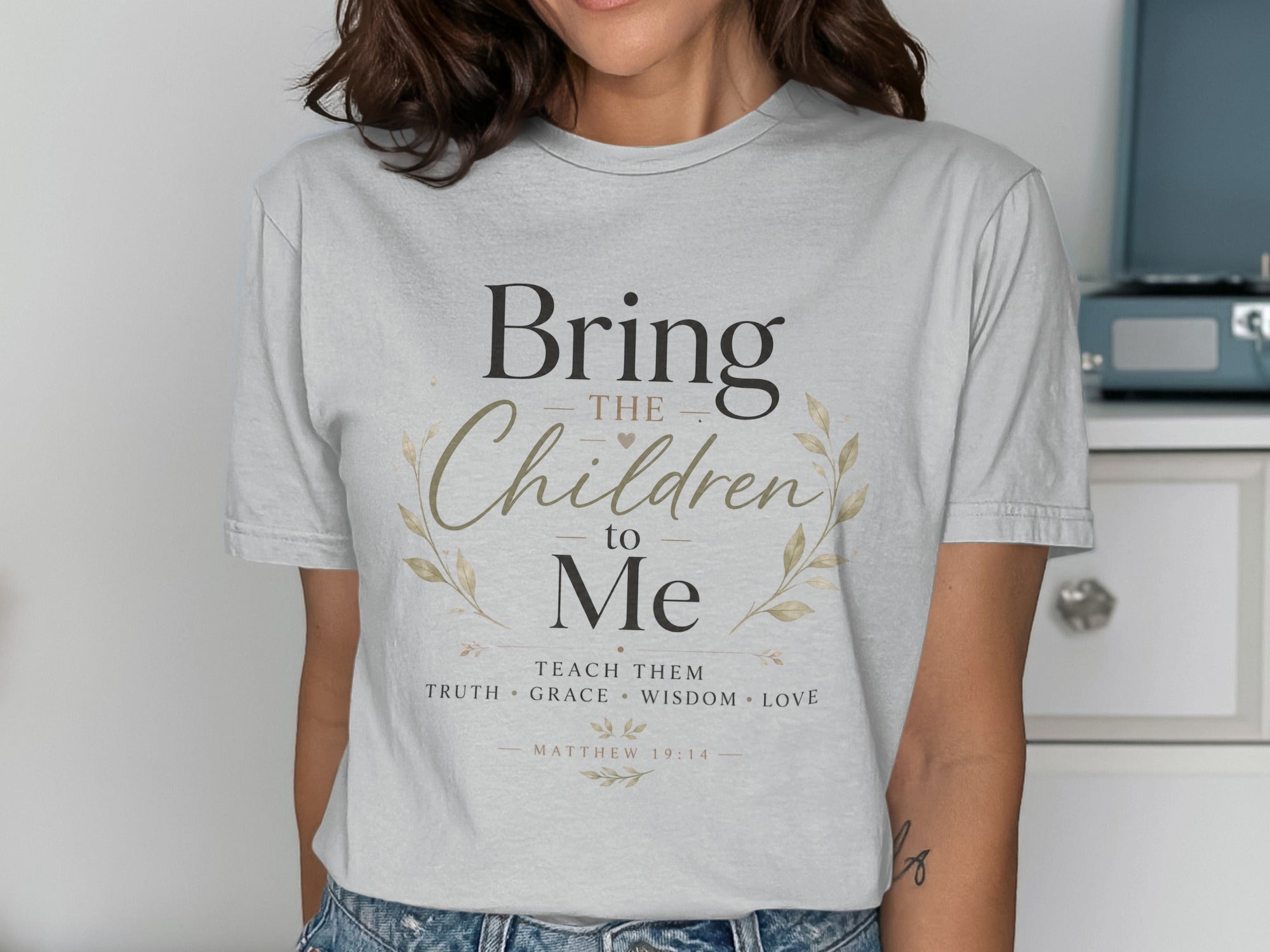 "Bring the Children to Me" t-shirt with Matthew 19:14 verse.