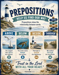 Educational poster illustrating prepositions with nautical scenes and text examples.