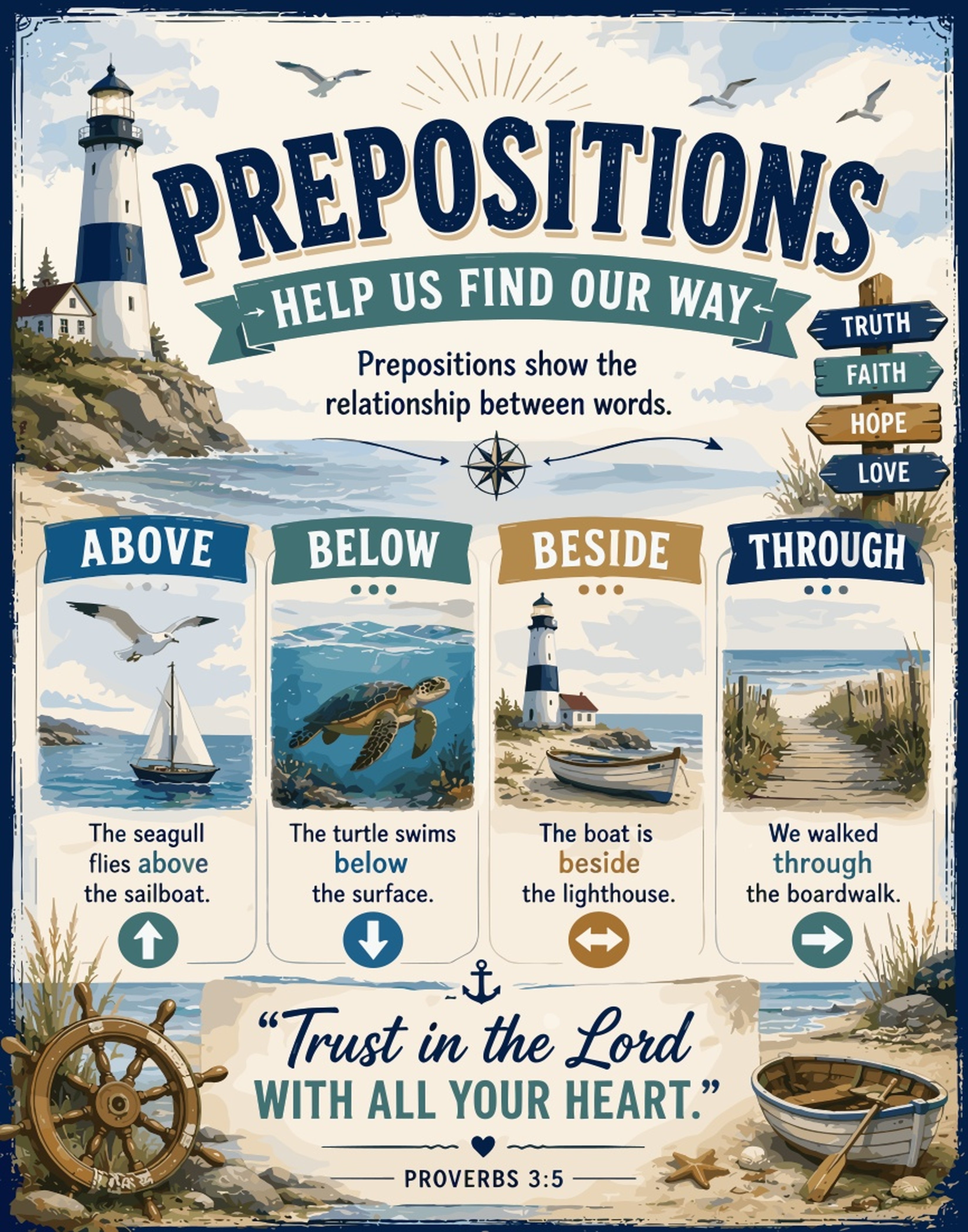 Educational poster illustrating prepositions with nautical scenes and text examples.