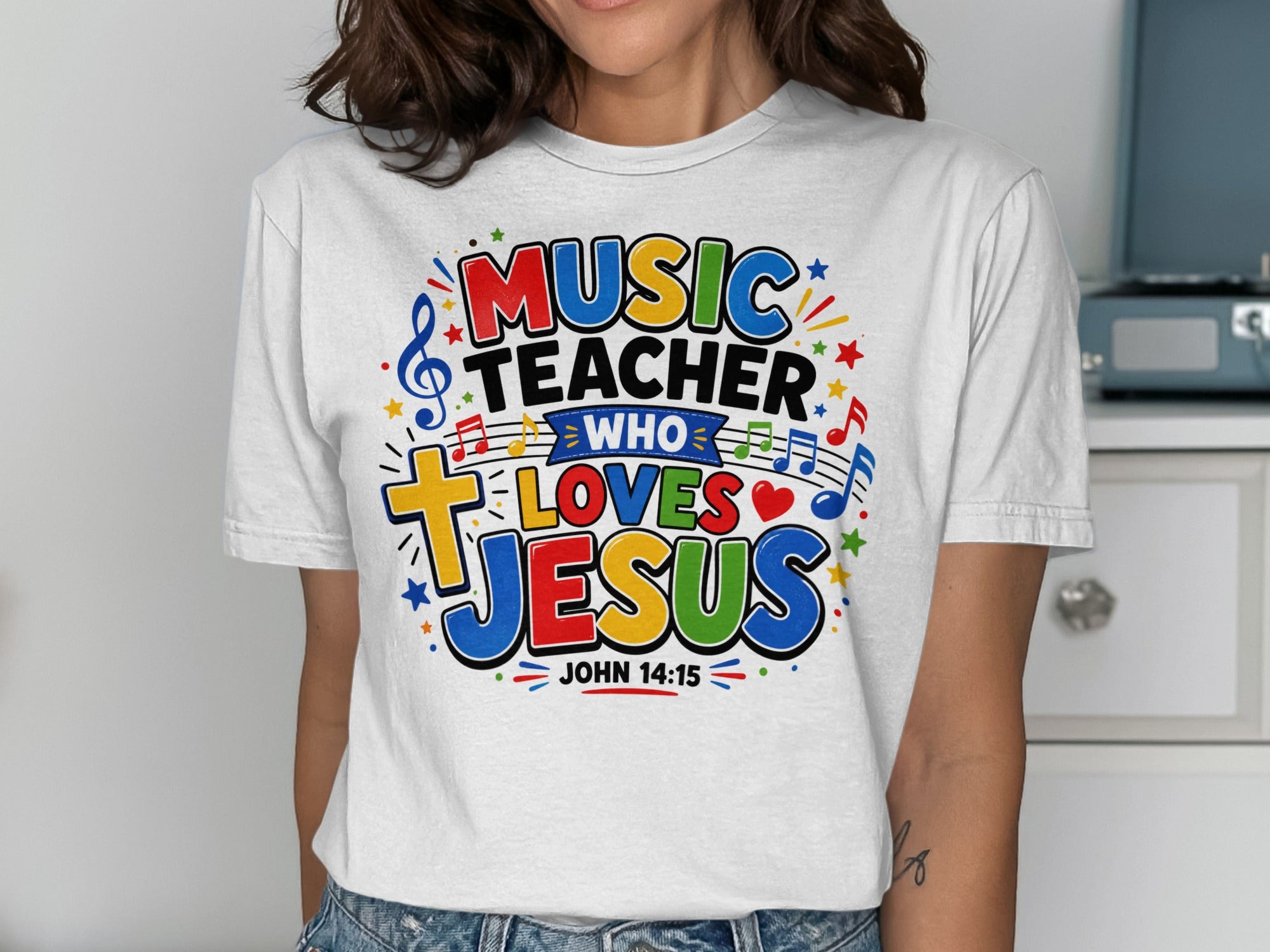T-shirt with "Music Teacher Who Loves Jesus" and John 14:15.