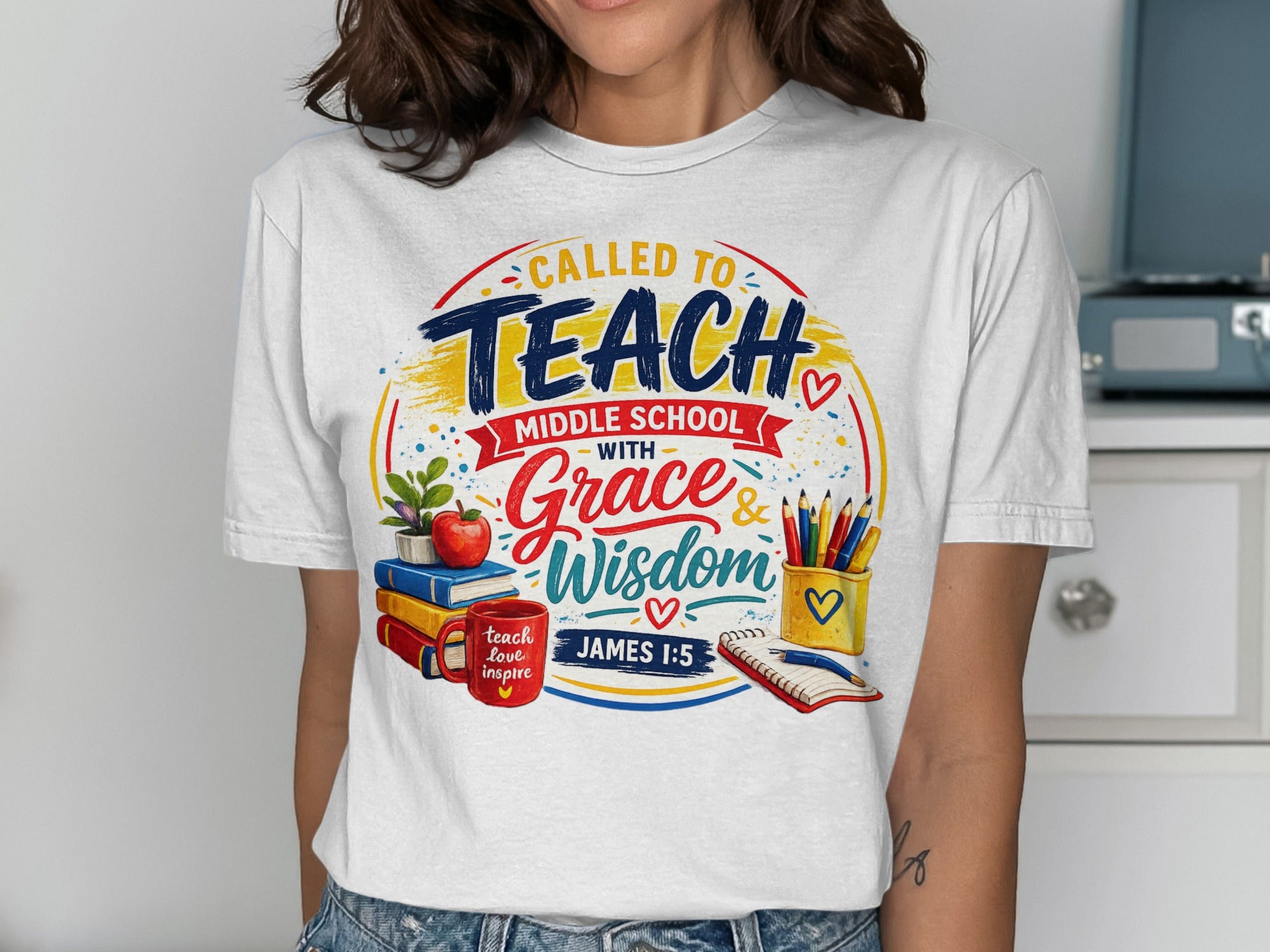 White t-shirt with "Called to Teach Middle School with Grace and Wisdom" text.
