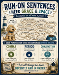 Poster about run-on sentences with dog, lighthouse, and punctuation examples.