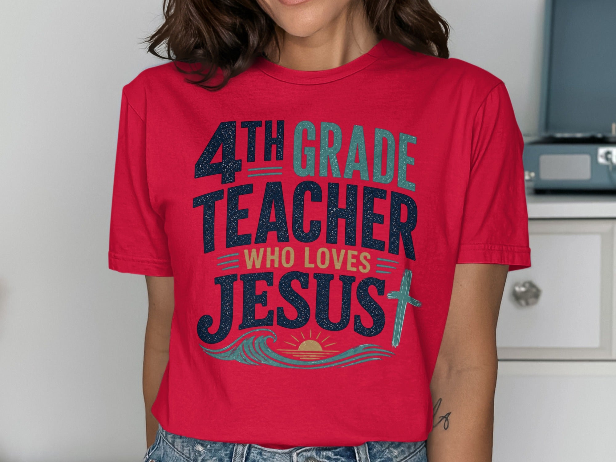4th Grade Teacher Who Loves Jesus graphic t-shirt.