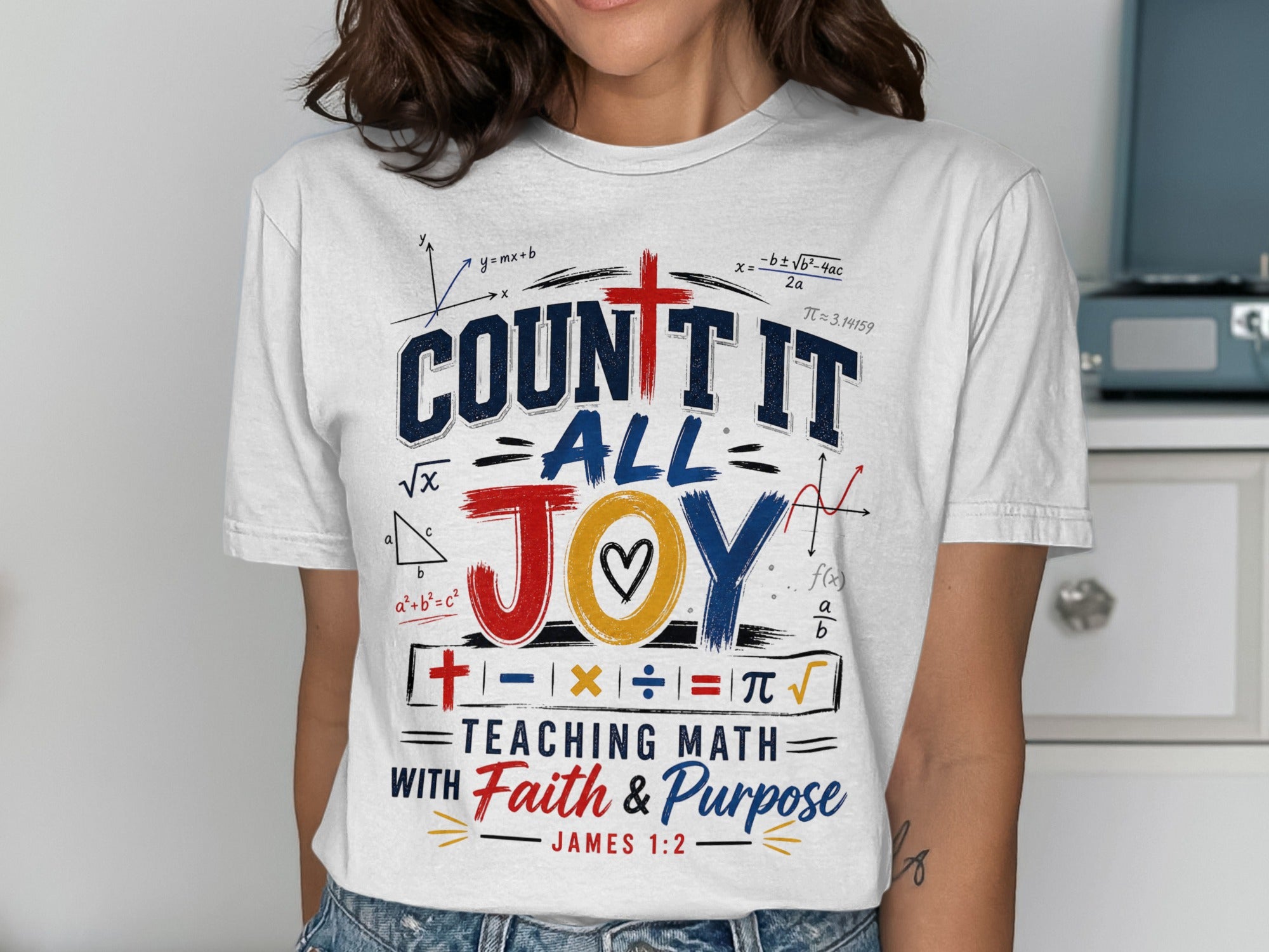 T-shirt with "Count It All Joy Teaching Math With Faith & Purpose" text and equations.
