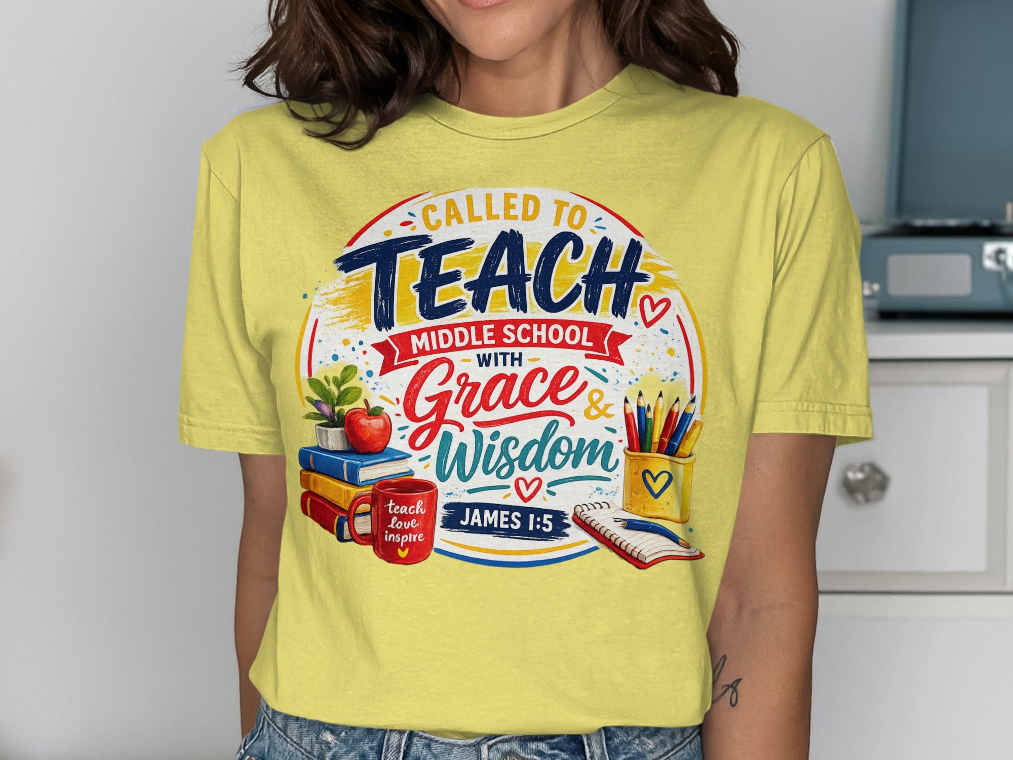 Yellow t-shirt with "Called to Teach Middle School with Grace & Wisdom" and Bible verse.