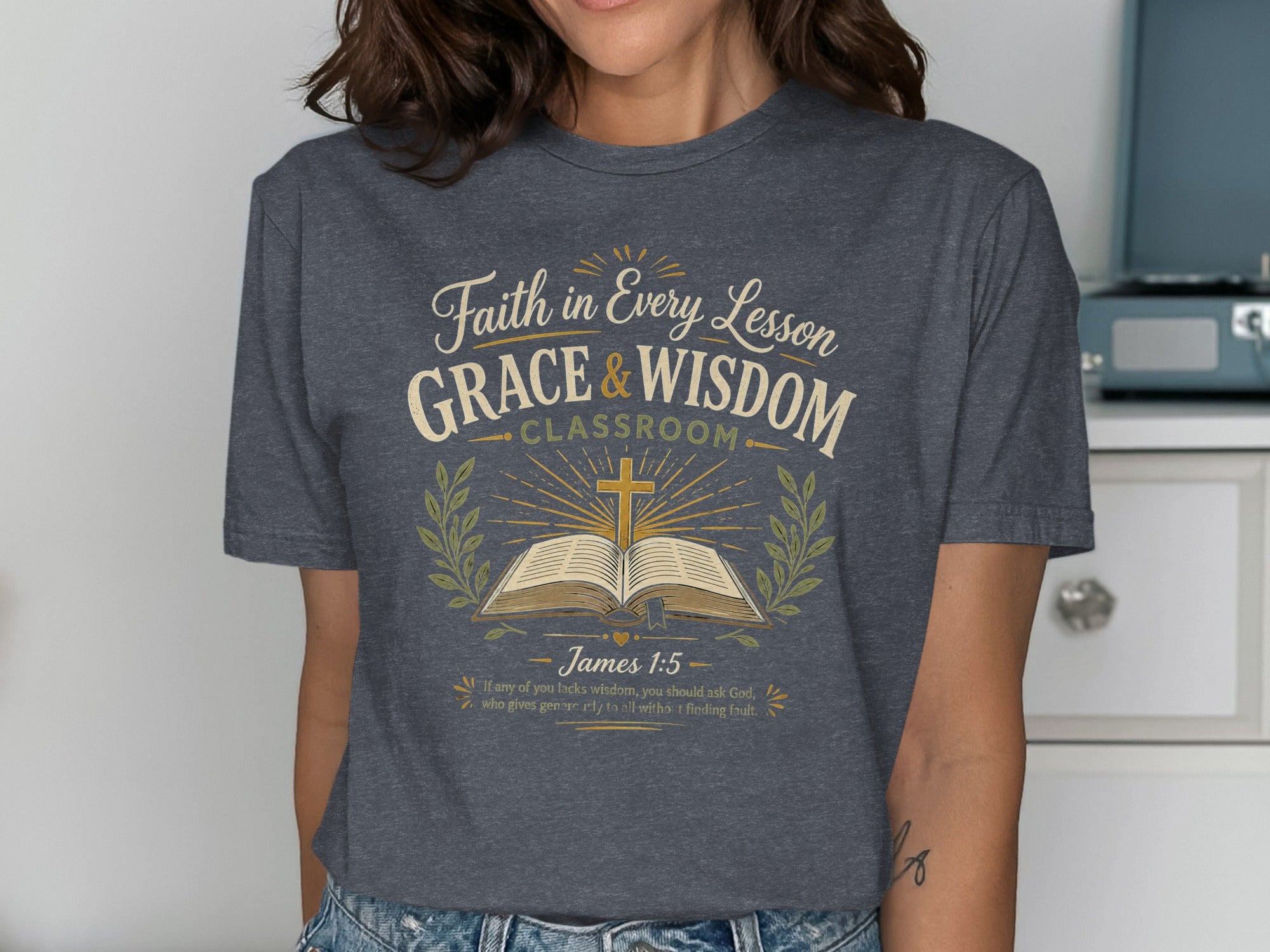 Dark grey t-shirt with "Grace & Wisdom Classroom" and Bible verse.