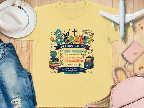Third grade t-shirt with motivational phrases and Bible verse.