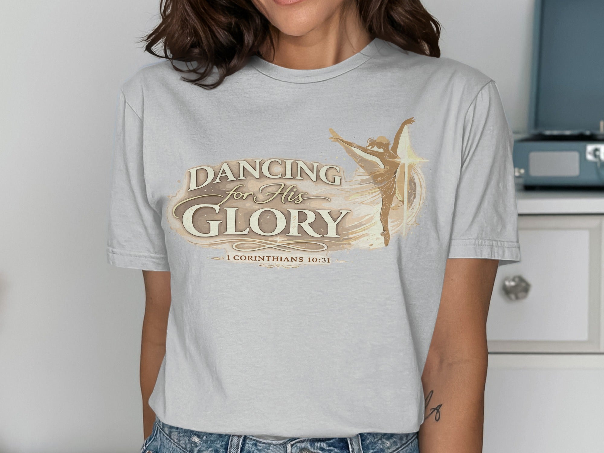 T-shirt with "Dancing For His Glory" text and a silhouette of a dancer.