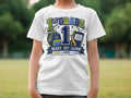 White t-shirt with "1st Grade Ready Set Learn" graphic, backpack, and pencil.