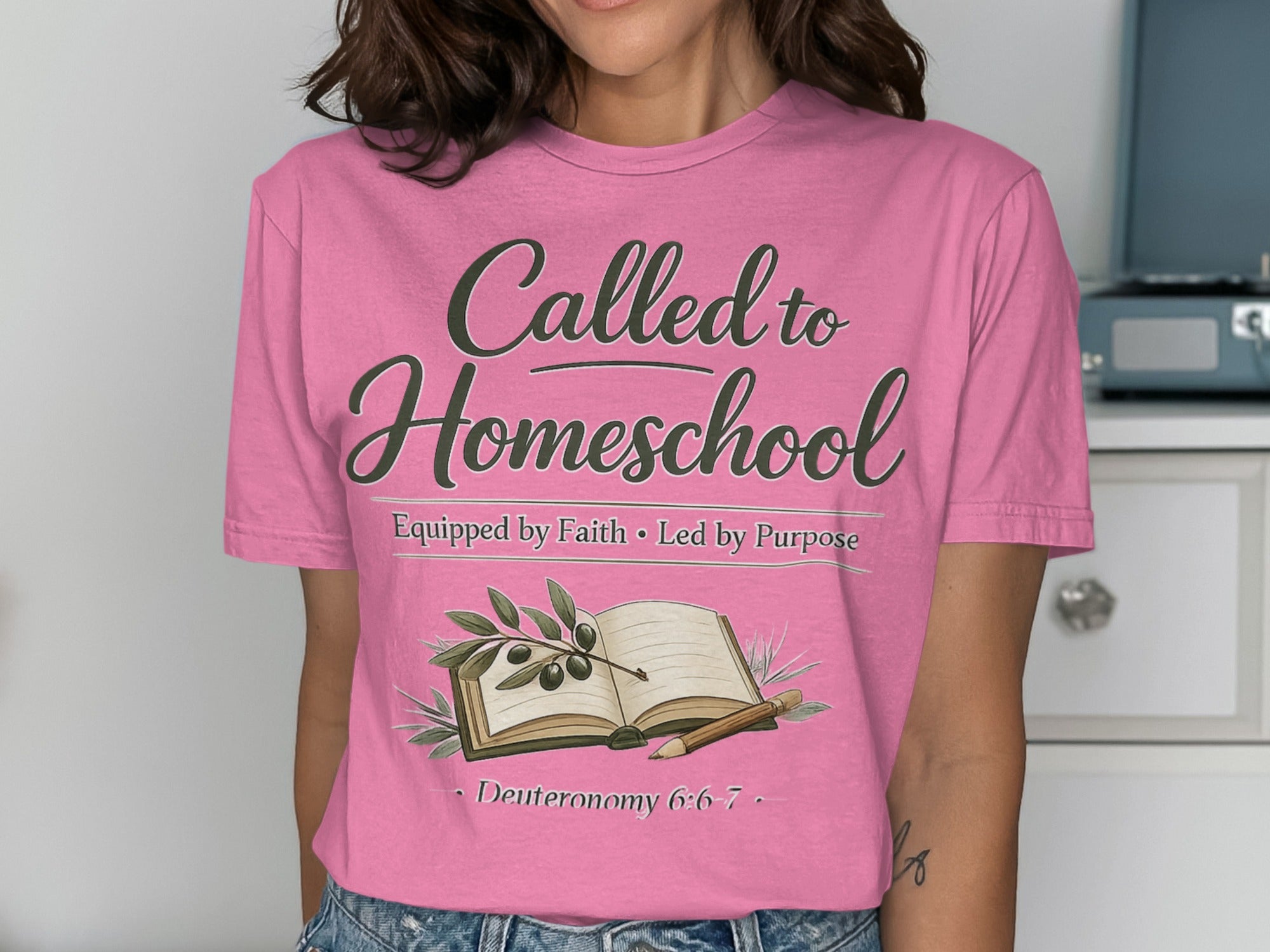 Pink t-shirt with "Called to Homeschool" and Bible verse.