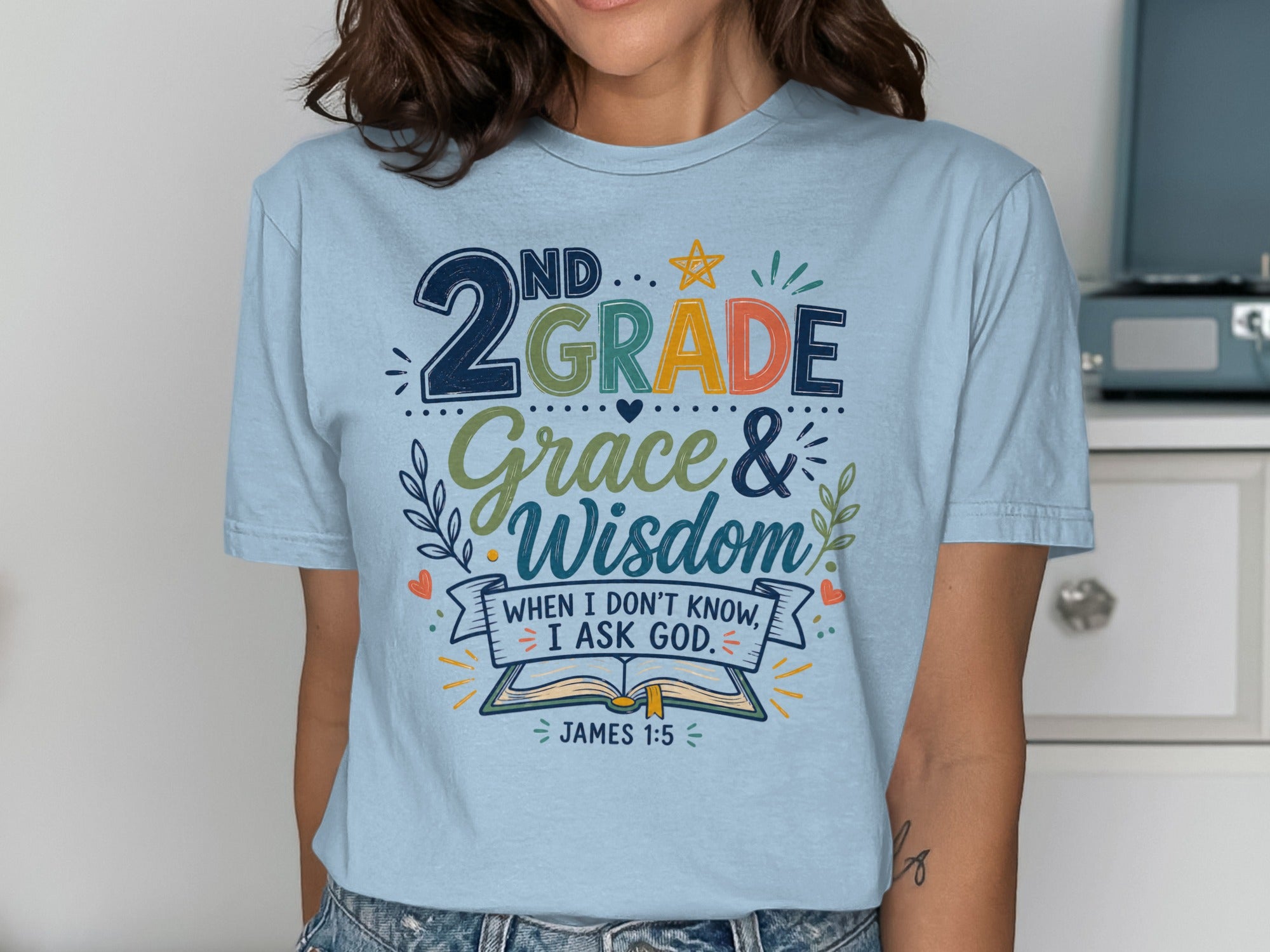 Blue t-shirt with "2nd Grade Grace & Wisdom" and Bible verse James 1:5.
