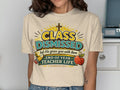 "Class Dismissed" teacher t-shirt with apple, pencil, and Bible verse.