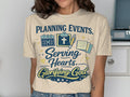 Cream t-shirt with "Planning Events, Serving Hearts, Glorifying God" text and icons.