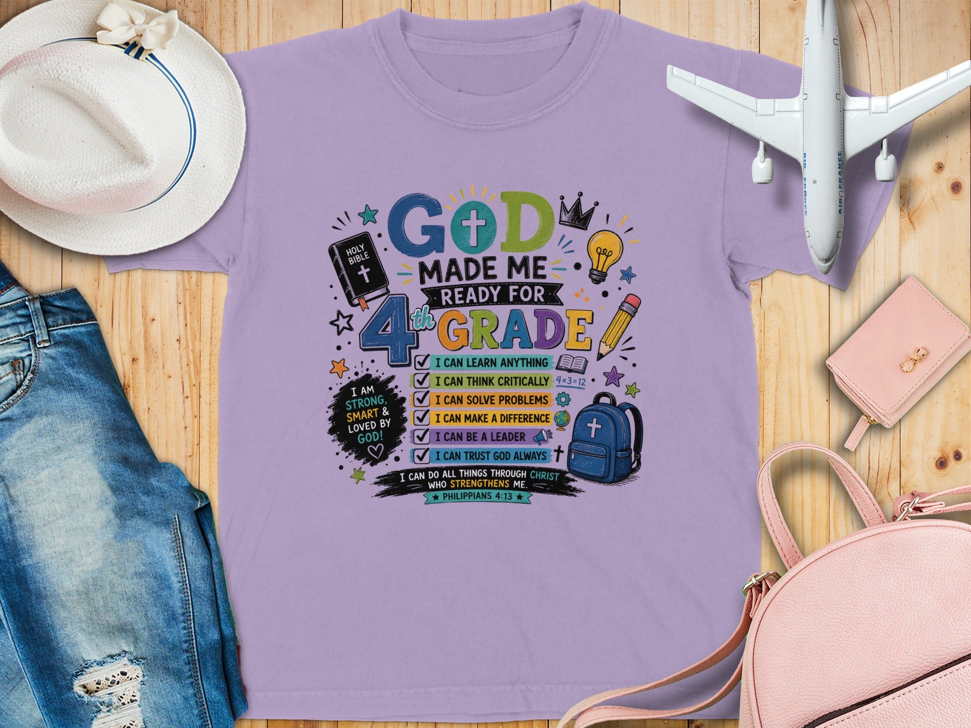 Lilac t-shirt for 4th grade with "God Made Me Ready For 4th Grade" text and bible verse.
