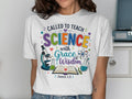 White t-shirt with "Called to Teach Science with Grace & Wisdom" and science icons.