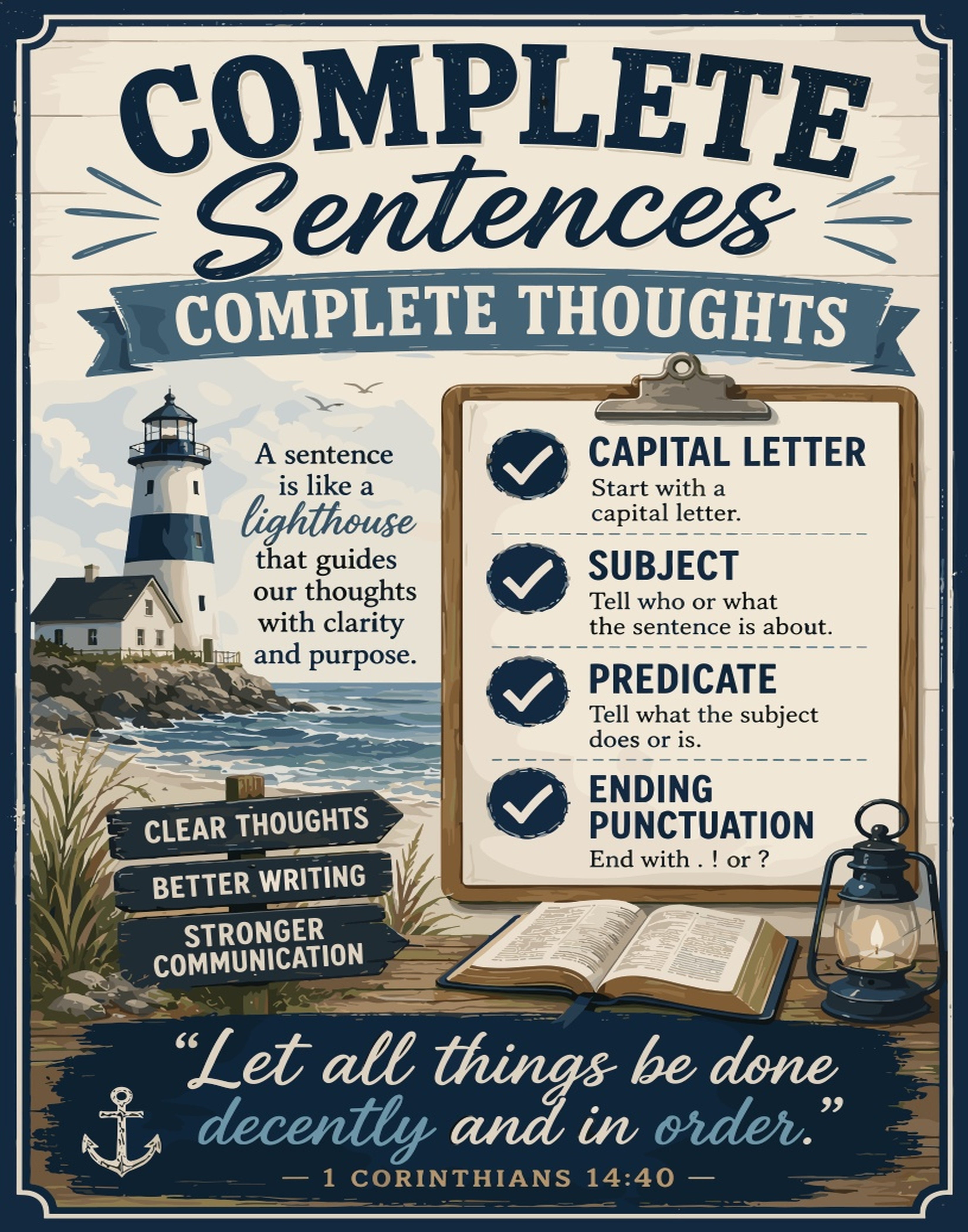 Poster about complete sentences with a lighthouse, clipboard, and Bible verse.