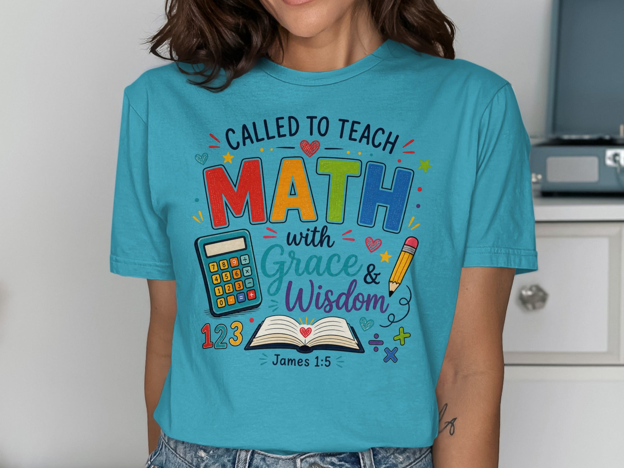 T-shirt with "Called to Teach Math with Grace & Wisdom" and James 1:5.