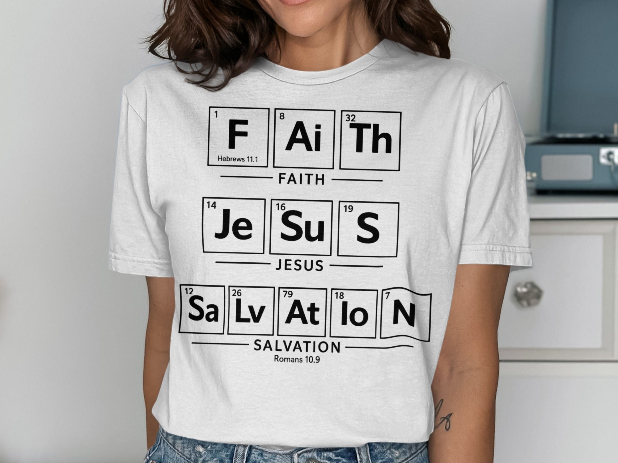 Faith Jesus Salvation t-shirt with periodic table elements.